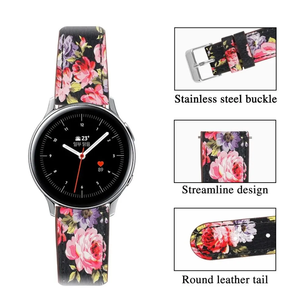 20mm Universal cowhide genuine leather watch strap - Black / Pink Flower