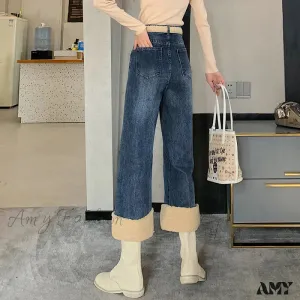 Amy Fashion - Winter Thick Velvet Fleece Faux Lambs Wool Stitching Fashion High Waist Casual Warm Wide Leg Denim Jean