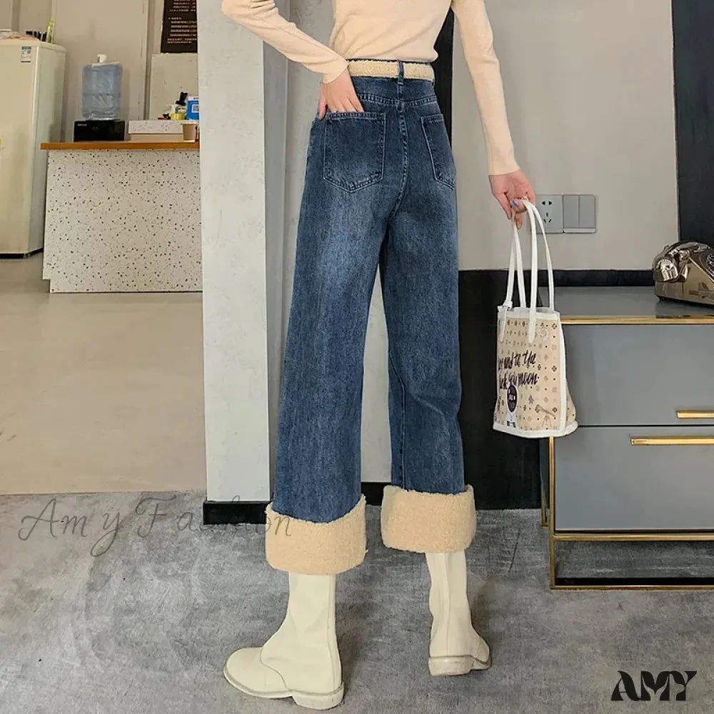 Amy Fashion - Winter Thick Velvet Fleece Faux Lambs Wool Stitching Fashion High Waist Casual Warm Wide Leg Denim Jean