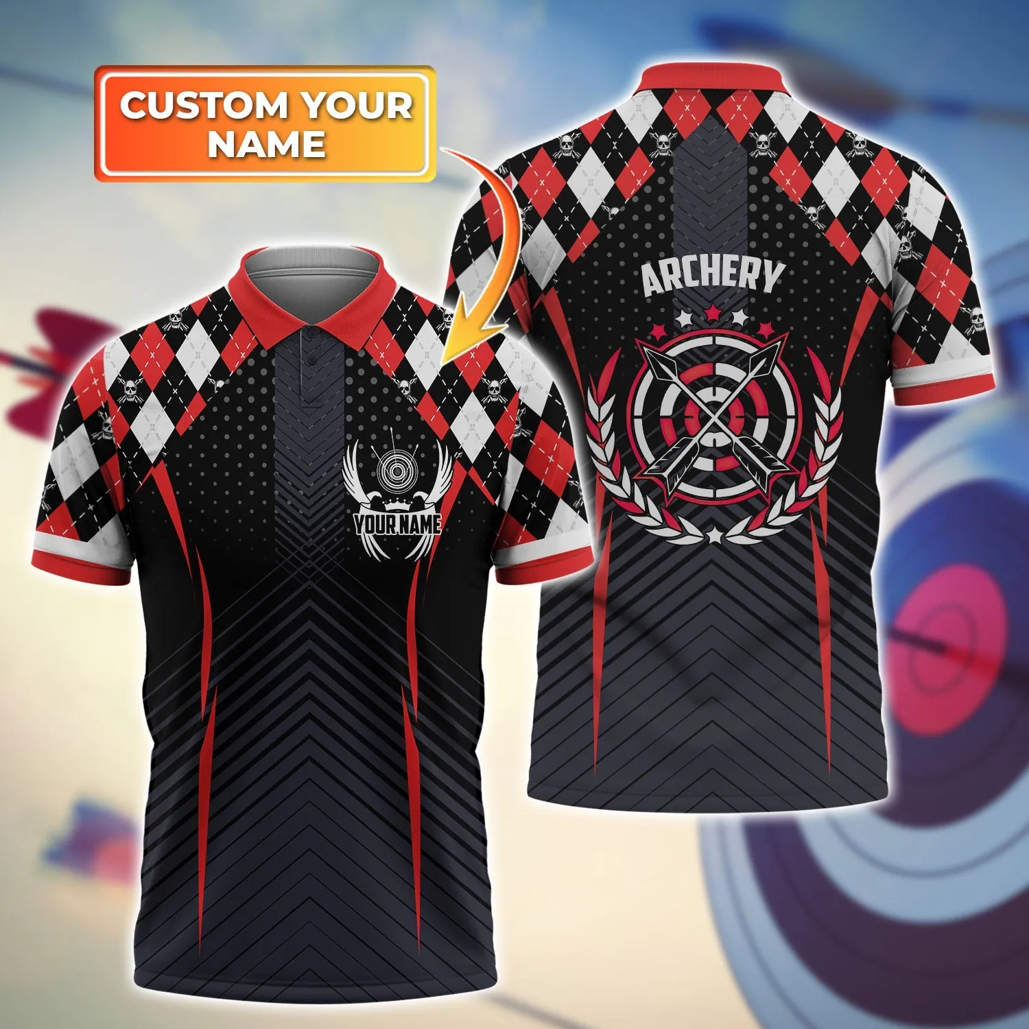Archery Personalized Name 3D Polo Shirt, Skull Black and White Caro Pattern Shirt, Archery Shirt