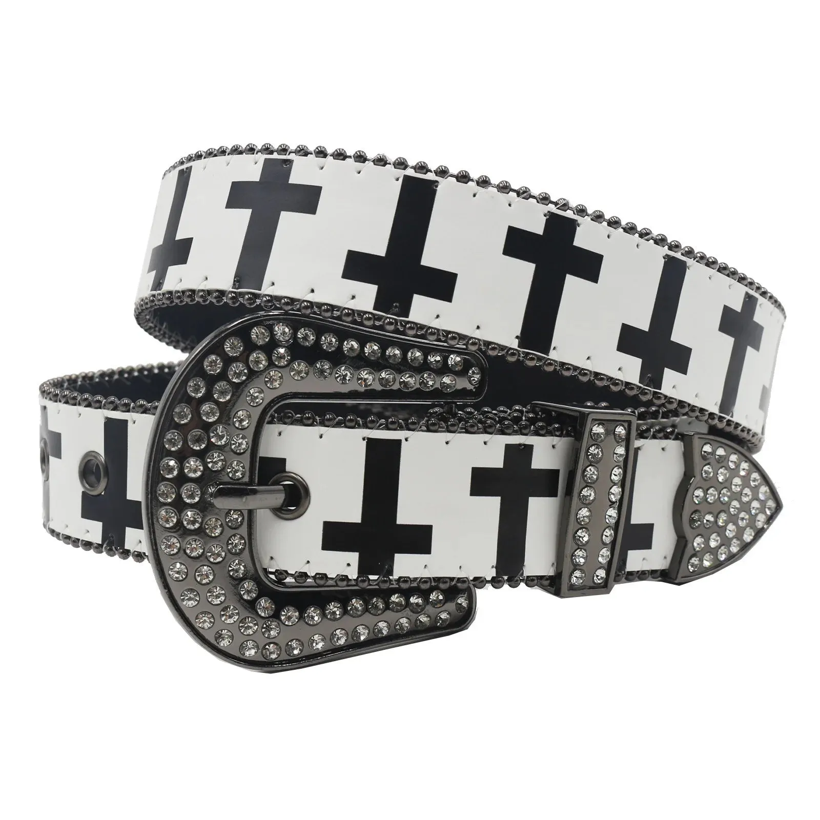 Black & White Cross Rhinestone Belt - Y2K Gothic Trend PU Leather