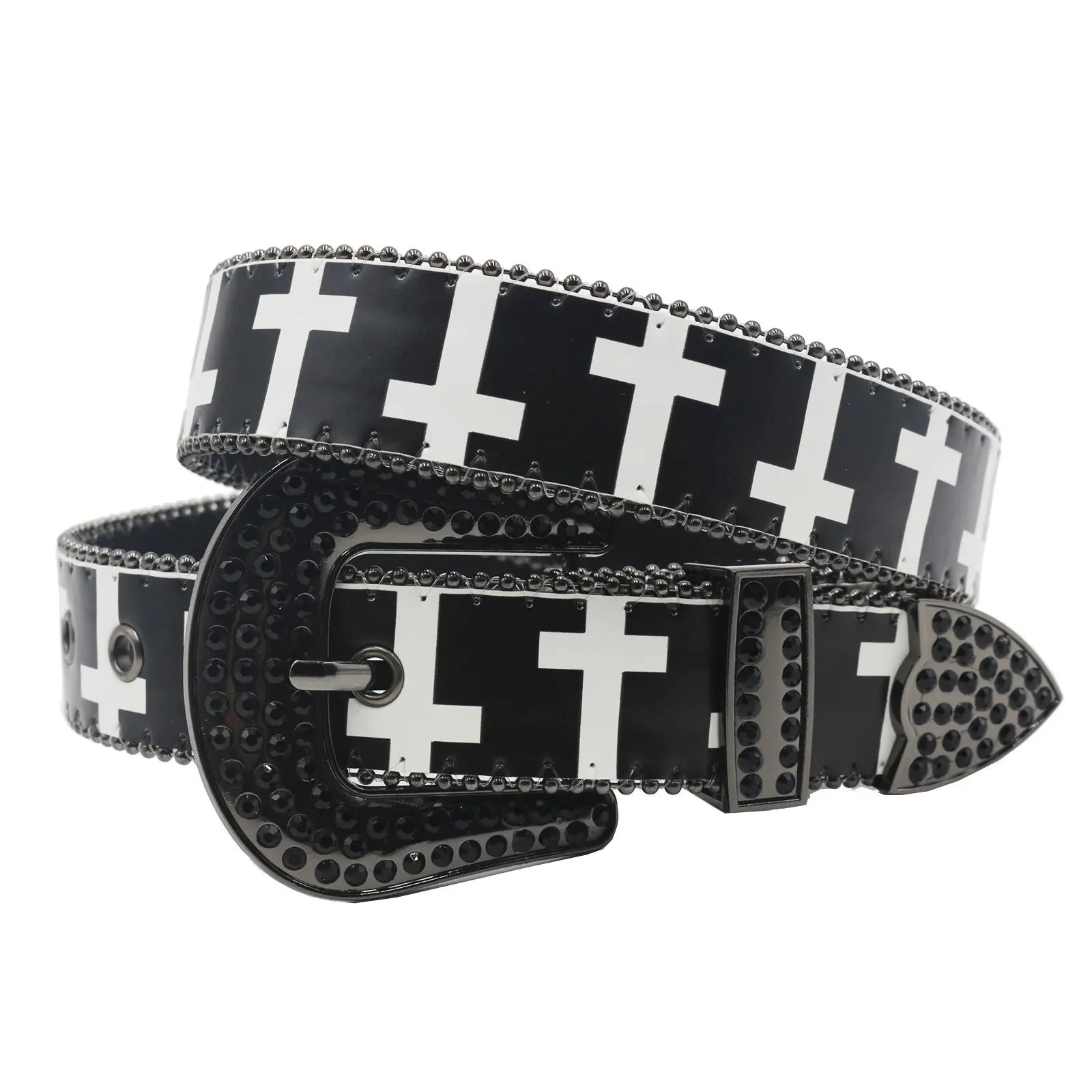 Black & White Cross Rhinestone Belt - Y2K Gothic Trend PU Leather