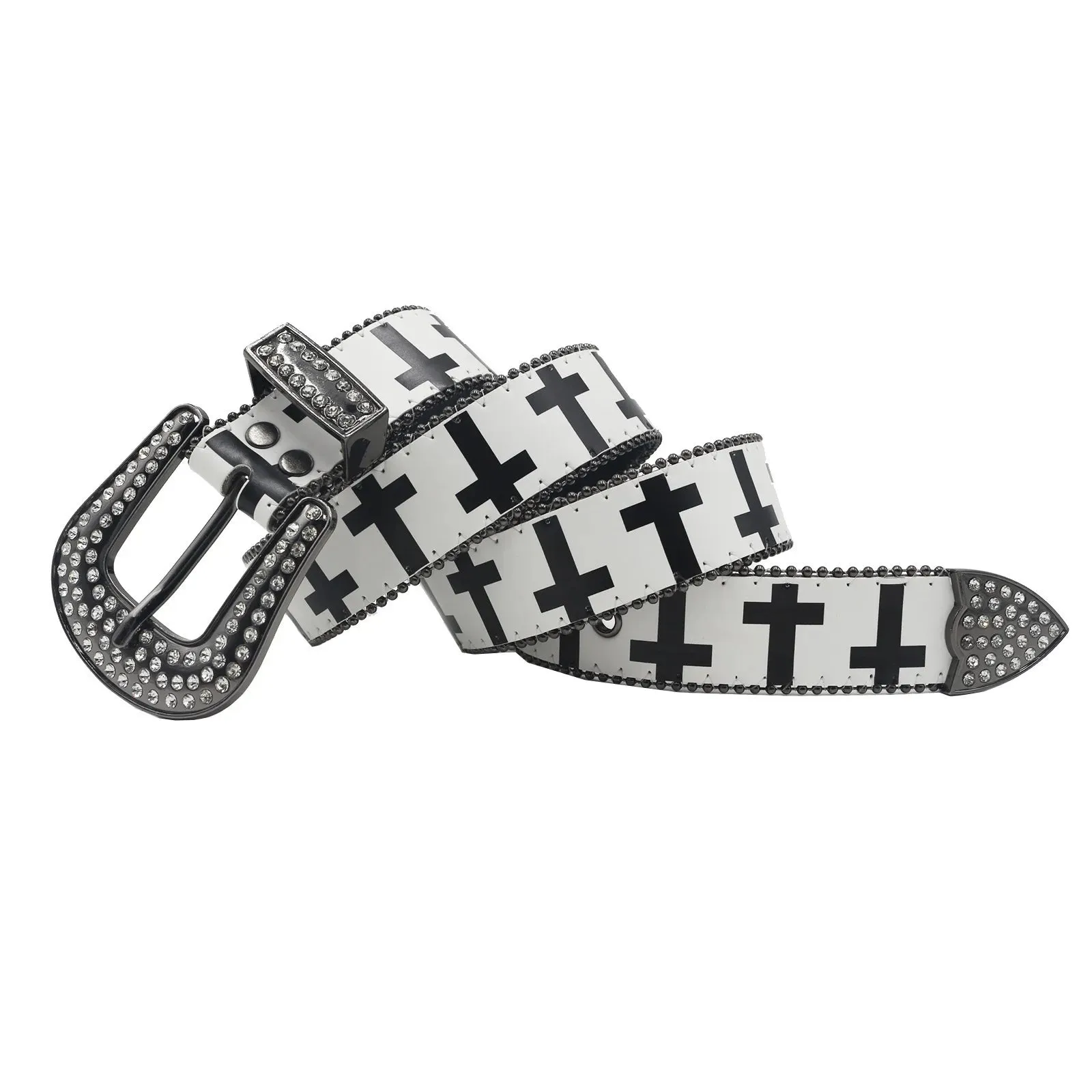 Black & White Cross Rhinestone Belt - Y2K Gothic Trend PU Leather