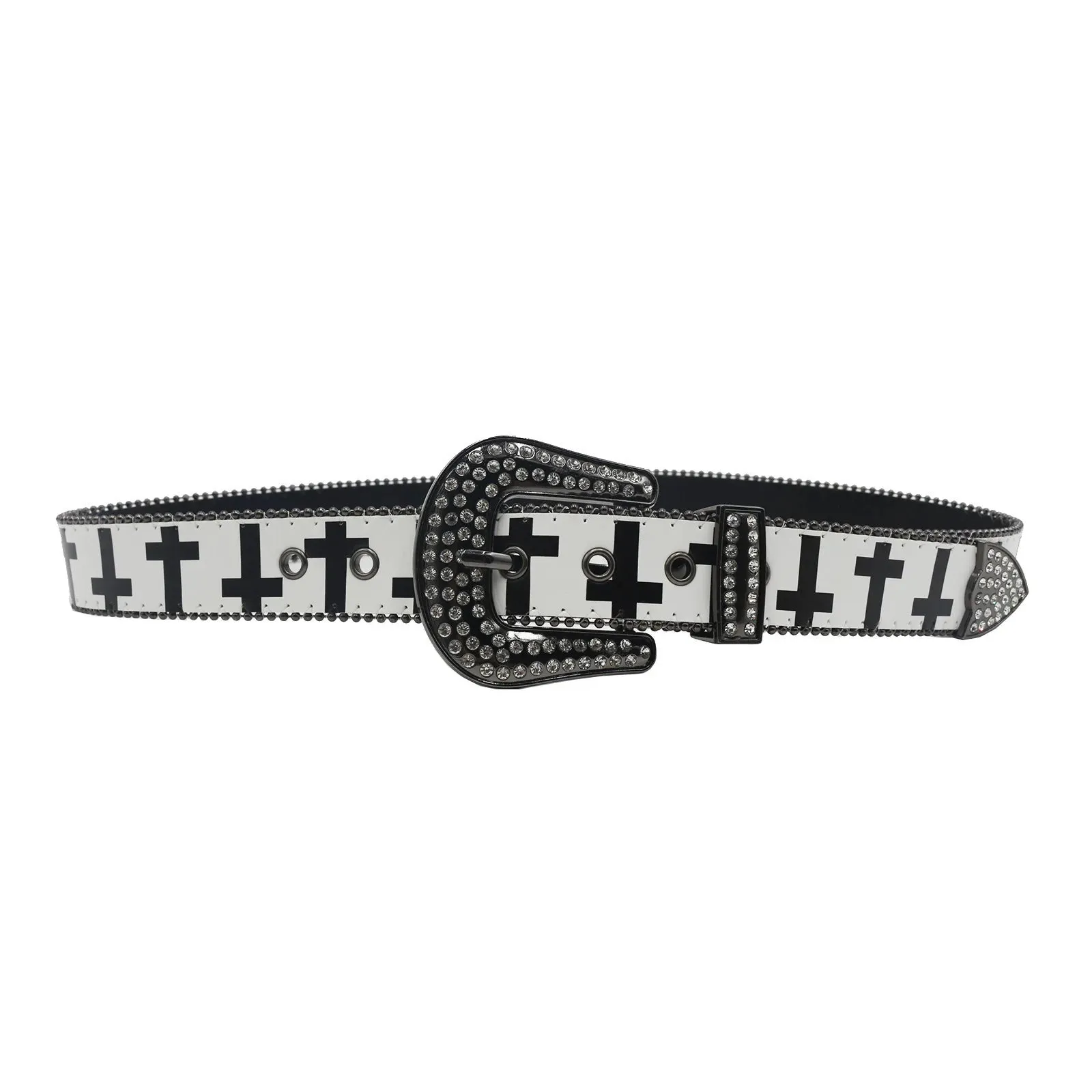 Black & White Cross Rhinestone Belt - Y2K Gothic Trend PU Leather