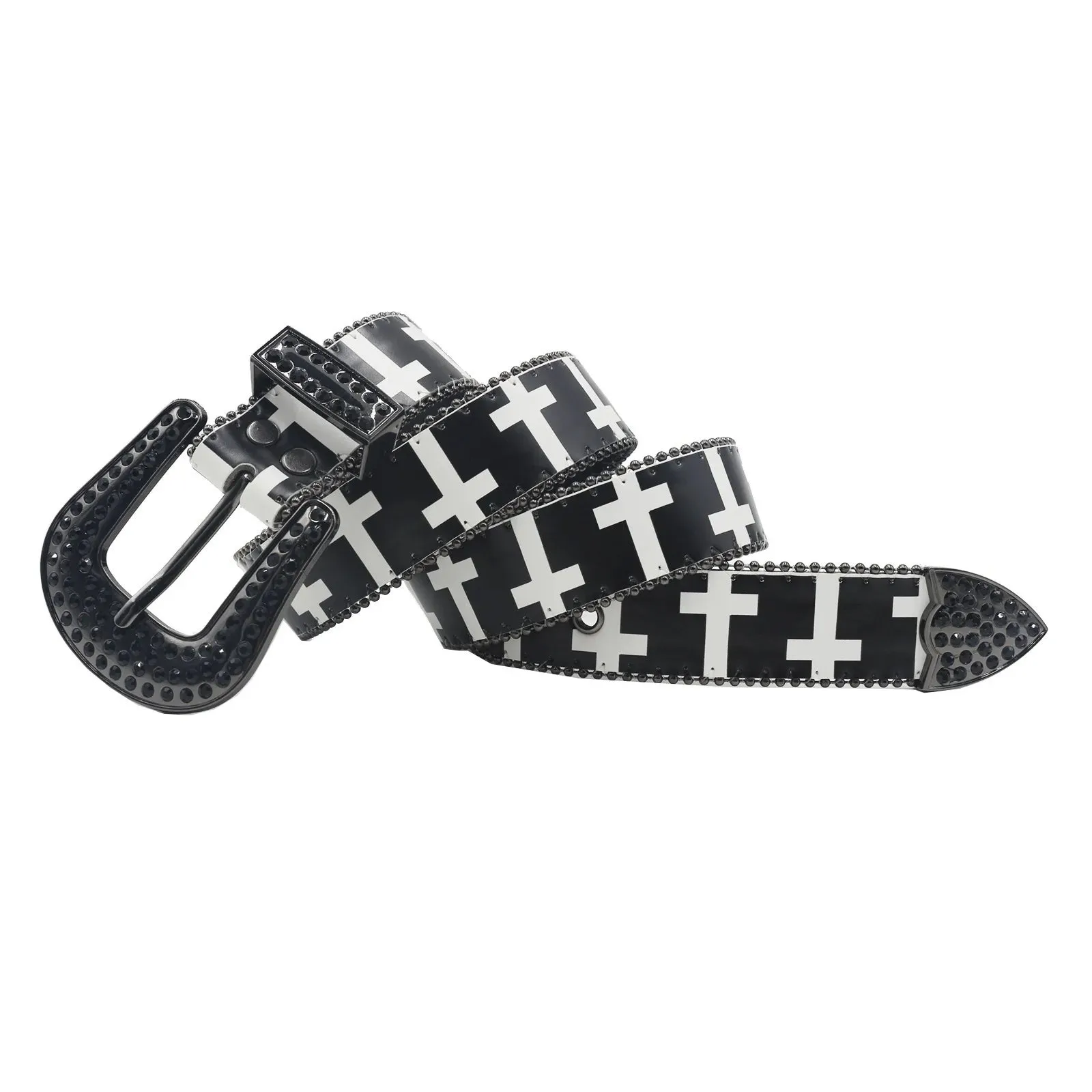 Black & White Cross Rhinestone Belt - Y2K Gothic Trend PU Leather