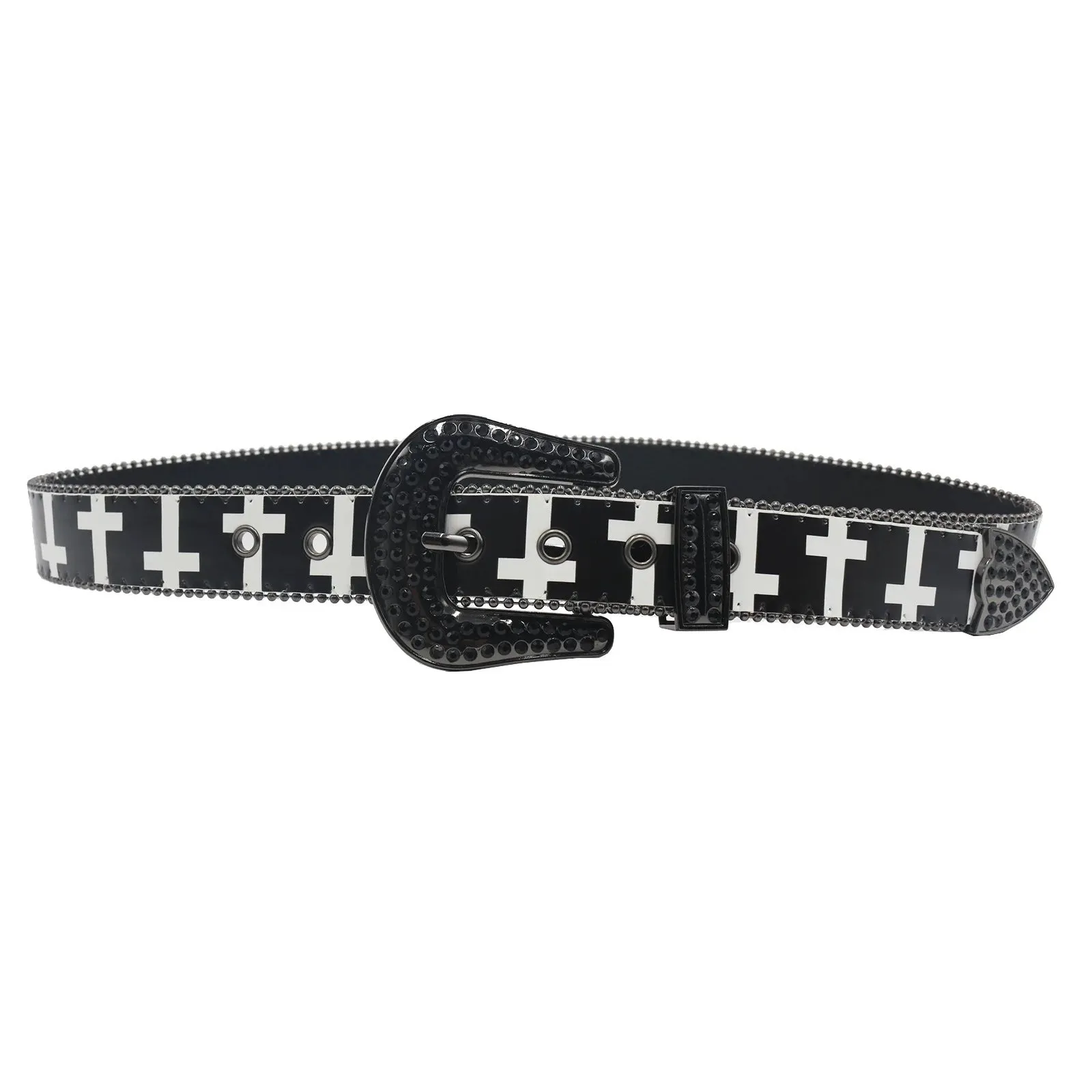 Black & White Cross Rhinestone Belt - Y2K Gothic Trend PU Leather