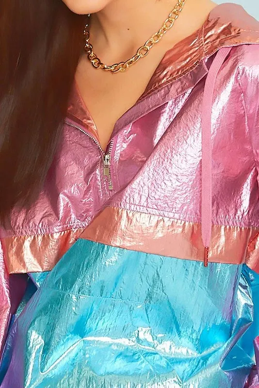Blue Multi Color Block Hoodie Metalic Windbreaker