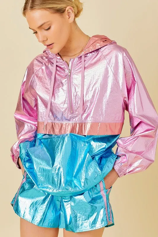 Blue Multi Color Block Hoodie Metalic Windbreaker