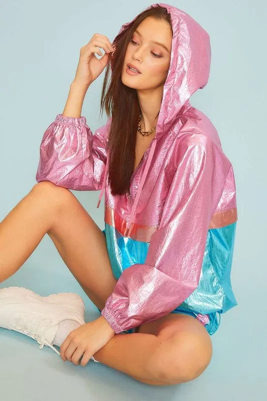 Blue Multi Color Block Hoodie Metalic Windbreaker