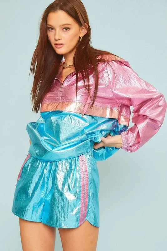 Blue Multi Color Block Hoodie Metalic Windbreaker