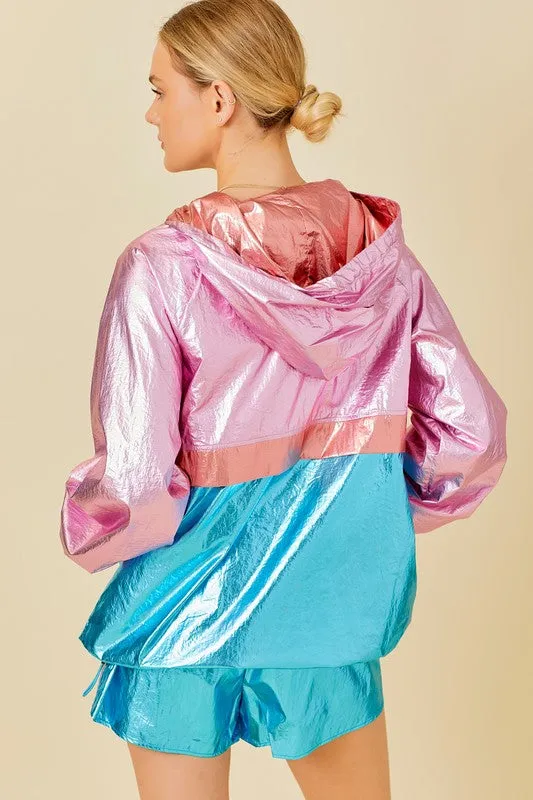 Blue Multi Color Block Hoodie Metalic Windbreaker