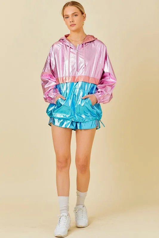 Blue Multi Color Block Hoodie Metalic Windbreaker