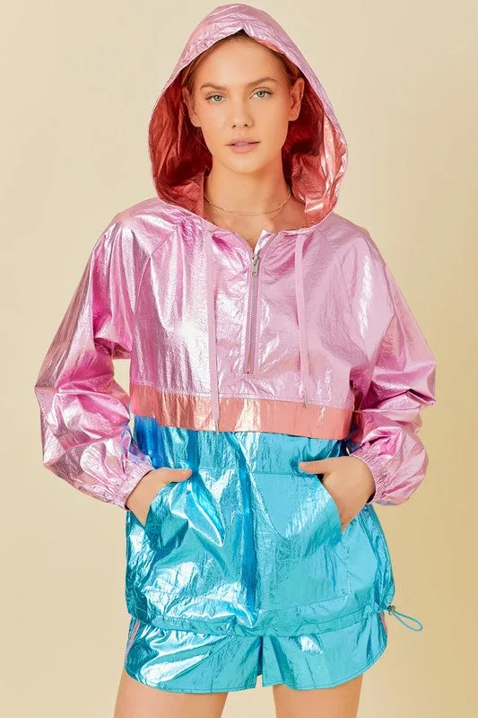 Blue Multi Color Block Hoodie Metalic Windbreaker