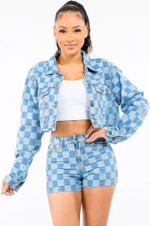 Checkered Long Sleeve Cropped Denim Jacket in Blue