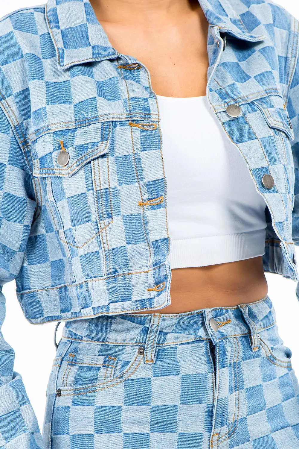 Checkered Long Sleeve Cropped Denim Jacket in Blue