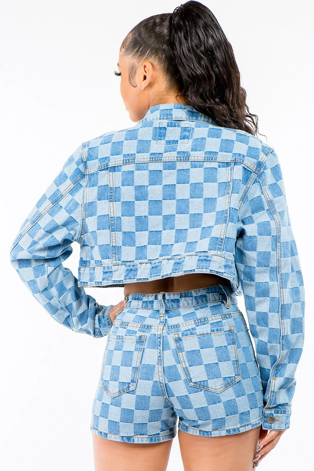Checkered Long Sleeve Cropped Denim Jacket in Blue