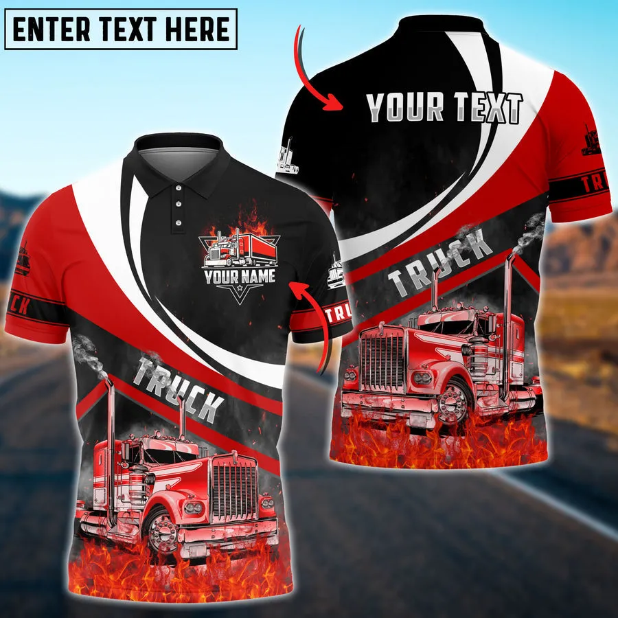 Coolspod Truck Flame Pattern Personalized Name 3D Polo Shirt For Truck Driver 4 Colors