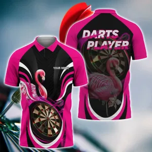 Personalized Dart Flamingo Polo Shirt, Black and Pink Flamingo Dart Shirt, Summer Shirt for Dart Player