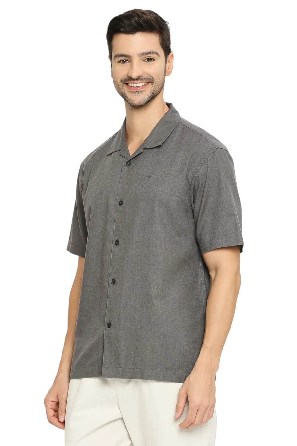 Relaxed Fit Polyester Cotton Lyocel Twill Melange Halfsleeves Shirt