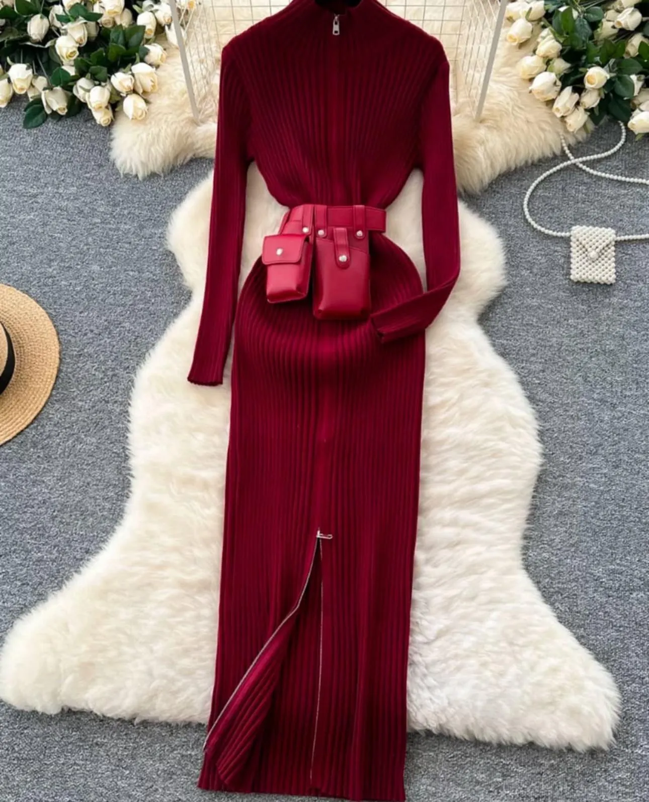 Snythia Bodycon Zipper Dress with Belt