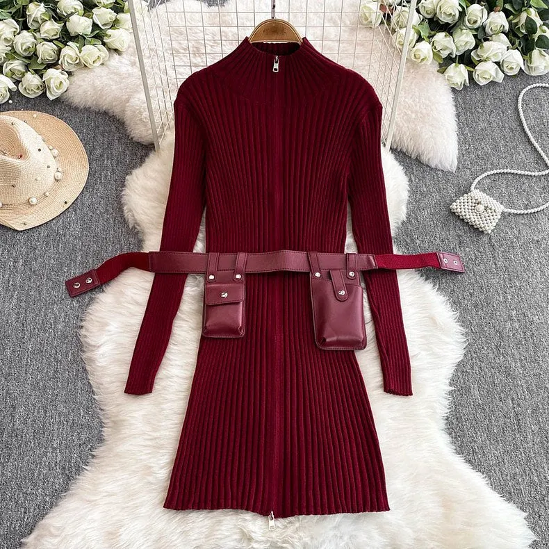 Snythia Bodycon Zipper Dress with Belt