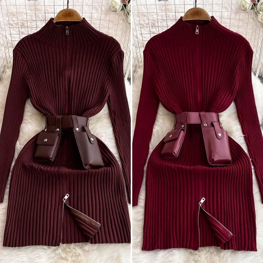 Snythia Bodycon Zipper Dress with Belt