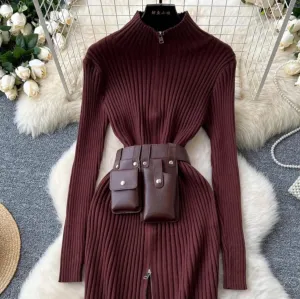 Snythia Bodycon Zipper Dress with Belt